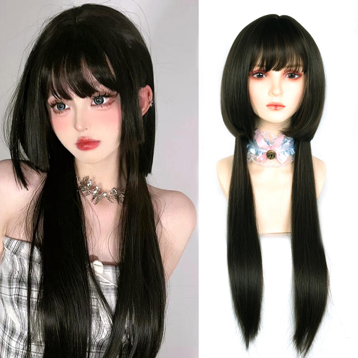 Синтетический длинный прямой парик для косплея с челкой, черный, коричневый парик Лолиты, женский парик для косплея на Хэллоуин, женский 
Синтетический длинный прямой парик для косплея с челкой, черный, коричневый парик Лолиты, женский парик для косплея на Хэллоуин, женский