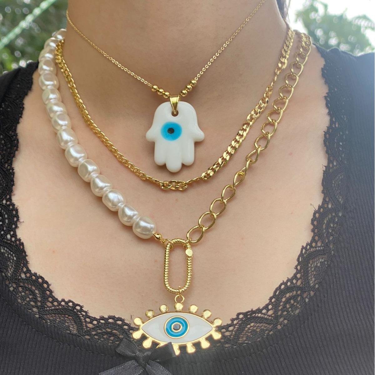 Devil s Eye Series: 18k Gold-Plated Copper Necklace with Layered Palm & Eye Design for Women
Devil s Eye Series: 18k Gold-Plated Copper Necklace with Layered Palm & Eye Design for Women