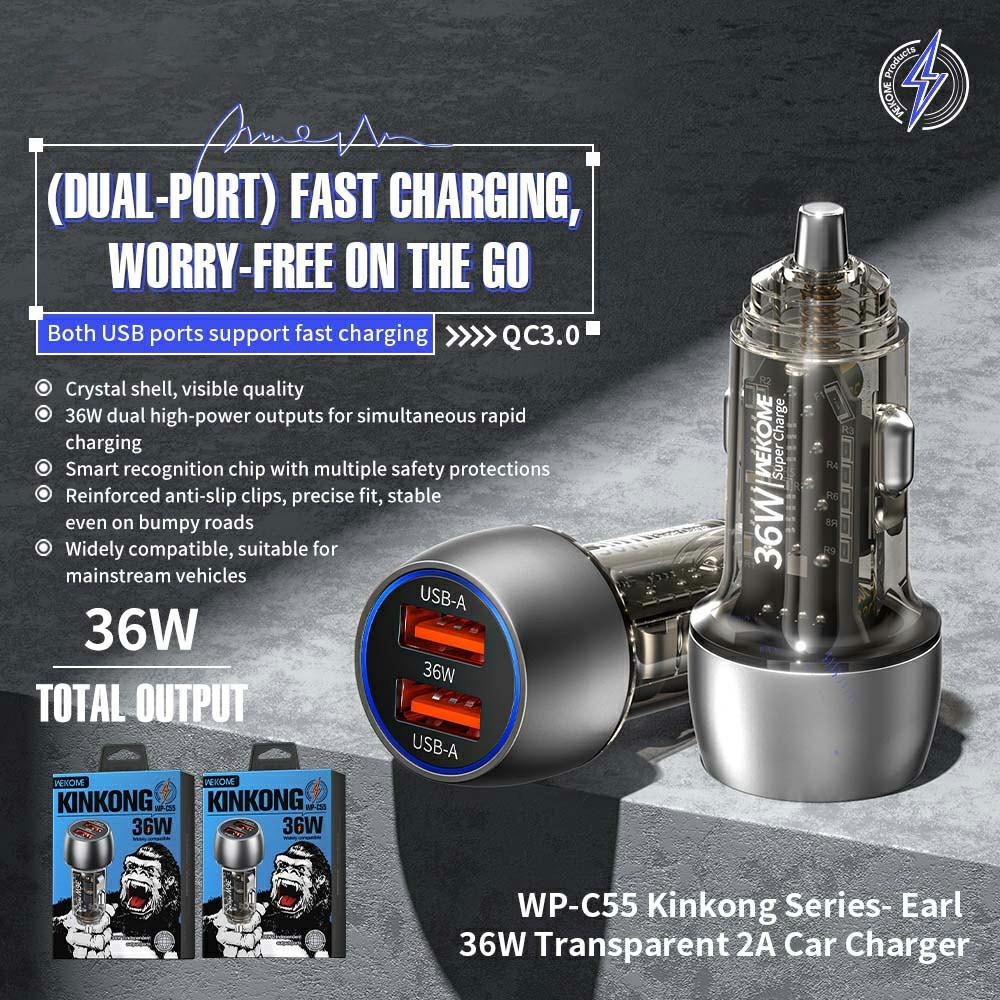 WEKOME WP-C55 Car Charger 36W Dual USB Fast Charging Aluminum Alloy Transparent Adapter Black
WEKOME WP-C55 Car Charger 36W Dual USB Fast Charging Aluminum Alloy Transparent Adapter Black