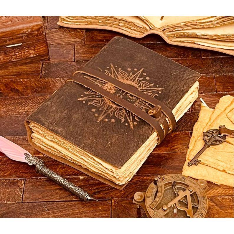 Sun and moon leather journal | antique handmade | vintage journal | celestial embossed design blank spell book of shadows, grimoire journal. 7 x 5 in
Sun and moon leather journal | antique handmade | vintage journal | celestial embossed design blank spell book of shadows, grimoire journal. 7 x 5 in