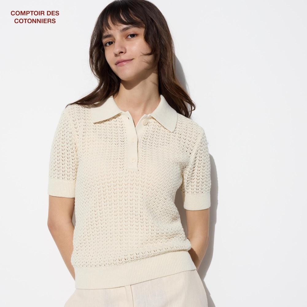 UNIQLO JAPAN льняной хлопок ажурный свитер-поло с короткими рукавами 
UNIQLO JAPAN льняной хлопок ажурный свитер-поло с короткими рукавами