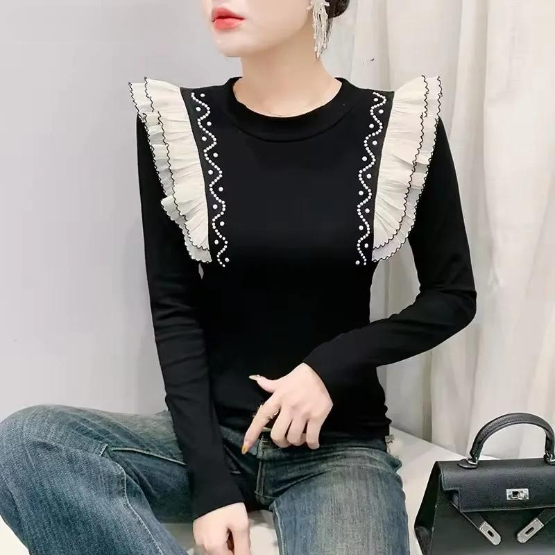 Spring Autumn Women s Black Clothes T-Shirt Sexy O-Neck Beading Pearls Tees Elegant Female Ruffles Long Sleeve Brand Tops M чорний
Spring Autumn Women s Black Clothes T-Shirt Sexy O-Neck Beading Pearls Tees Elegant Female Ruffles Long Sleeve Brand Tops M чорний