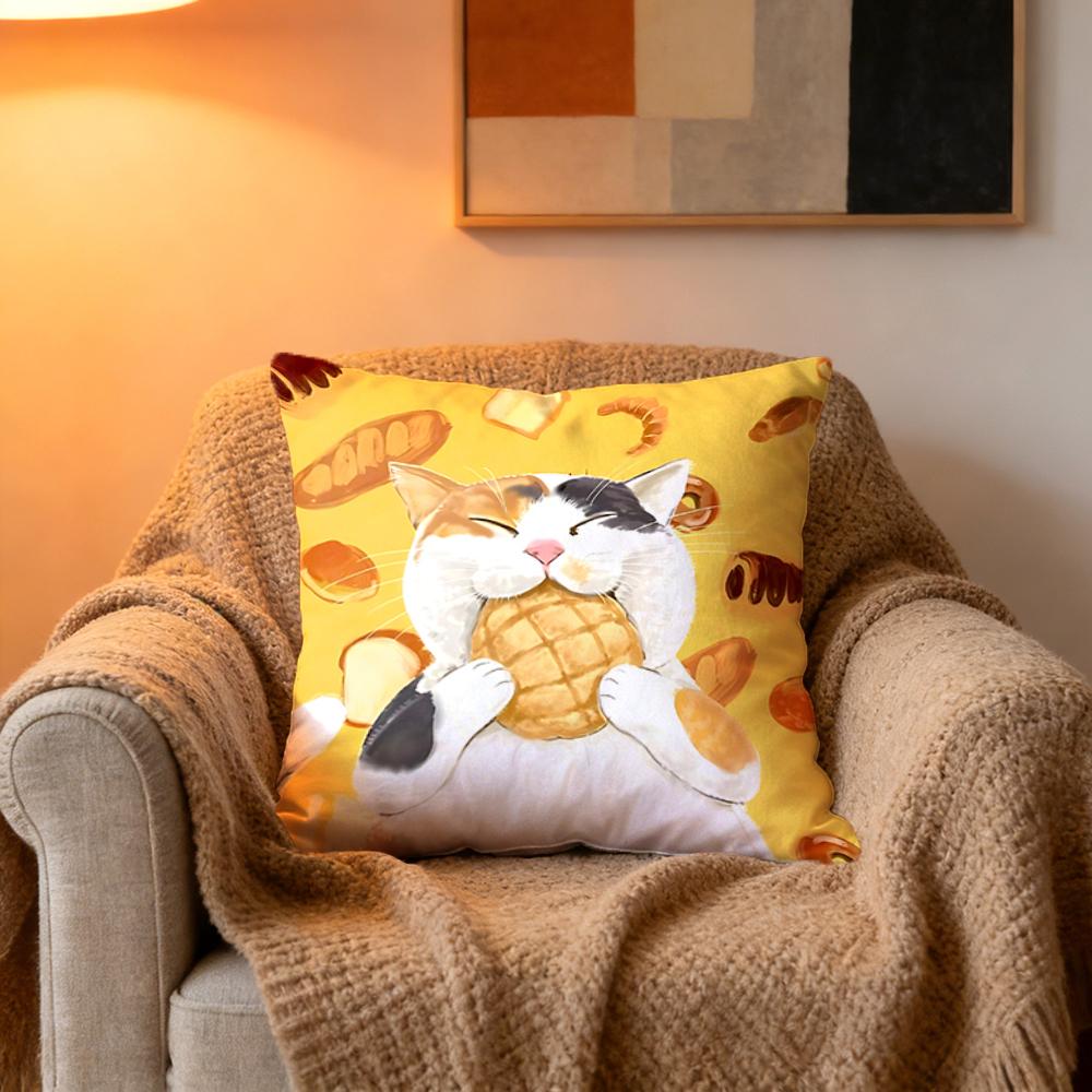 Fashionable Pillowcase Yellow Background a Cat Holding a Bread Decorated with Bread Patterns Around Healing Same Print on 30cmx30cm
Fashionable Pillowcase Yellow Background a Cat Holding a Bread Decorated with Bread Patterns Around Healing Same Print on 30cmx30cm