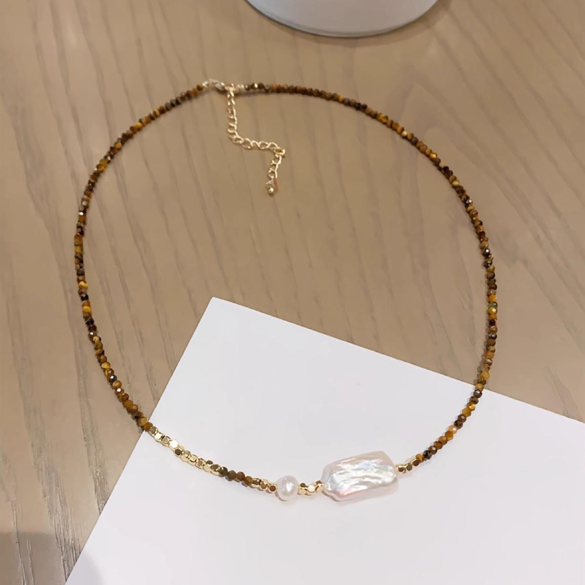 Tiger S Eye Stone Freshwater Pearl Necklace Femininity Collarbone Chain Rectangular Design Light Luxury Beaded Neck Chain
Tiger S Eye Stone Freshwater Pearl Necklace Femininity Collarbone Chain Rectangular Design Light Luxury Beaded Neck Chain