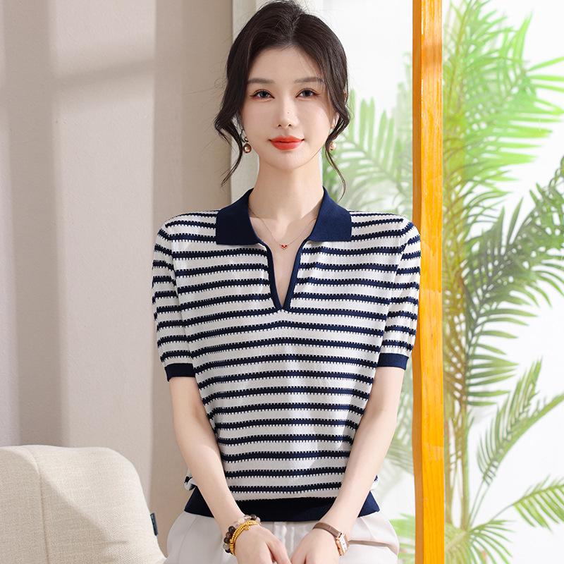 Elegant Summer Striped Knit Top for Mature Women - Breathable Ice Silk T-Shirt with Short Sleeves 4XL тёмно-синий
Elegant Summer Striped Knit Top for Mature Women - Breathable Ice Silk T-Shirt with Short Sleeves 4XL тёмно-синий