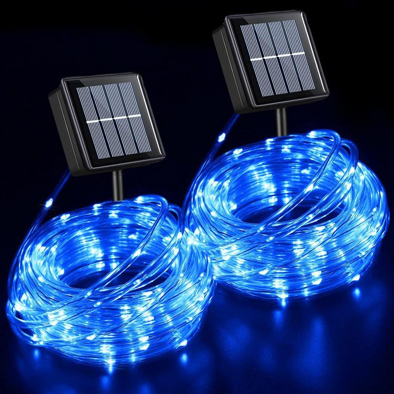 Медная проволока LED Солнечные гирлянды: Водонепроницаемые уличные гирлянды для украшения двора 7m 50 LED, 8-Function Remote USB синий
