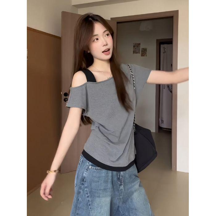 Korean Color Block Off-Shoulder Slimming Patchwork T-Shirt for Women Large сірий колір
Korean Color Block Off-Shoulder Slimming Patchwork T-Shirt for Women Large сірий колір