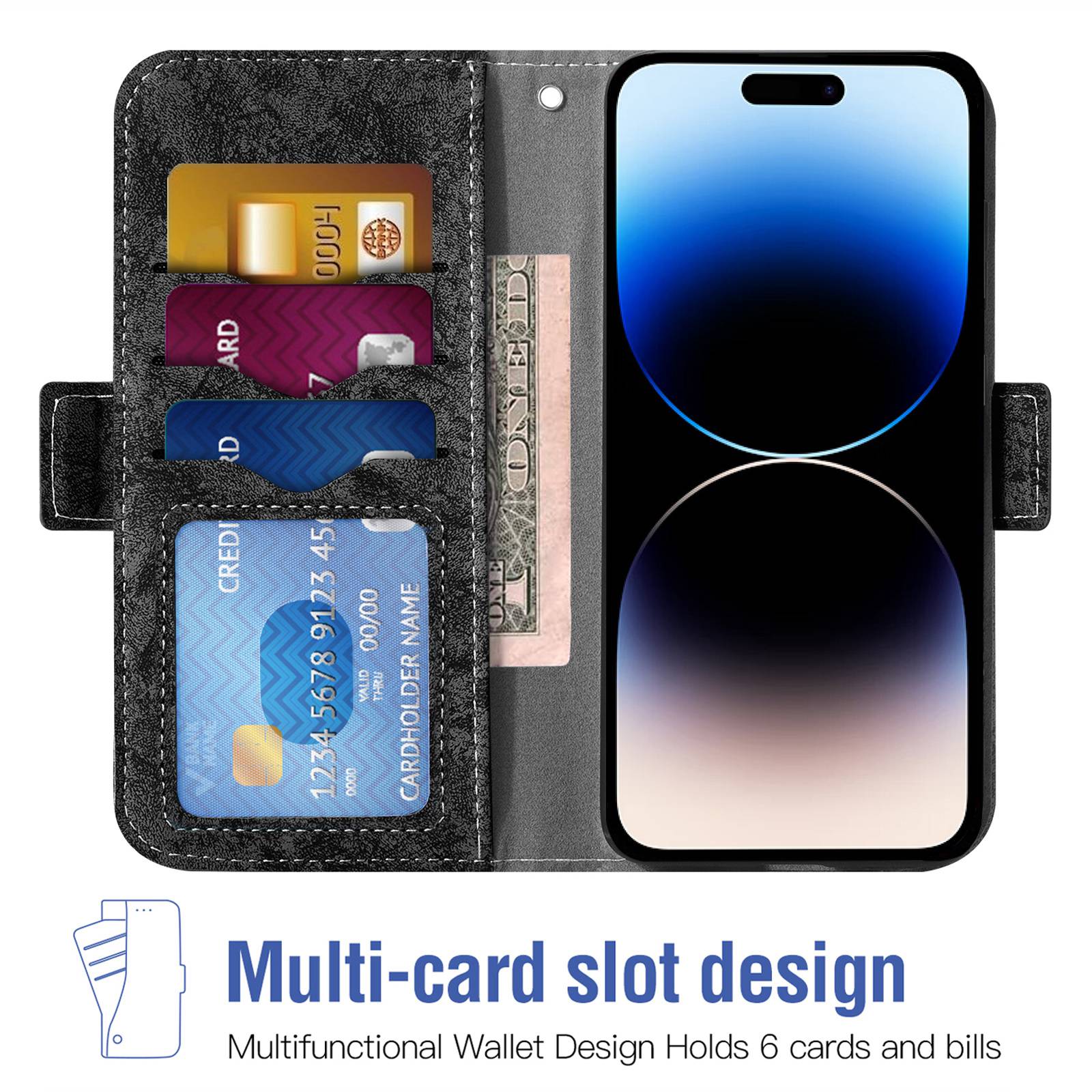 Mobile Phone Case Bag for iPhone 14 Pro Max,PU Leather Water-ink Painting Texture Rotating Card Slots Holder Stand Wallet Cover Black
Mobile Phone Case Bag for iPhone 14 Pro Max,PU Leather Water-ink Painting Texture Rotating Card Slots Holder Stand Wallet Cover Black