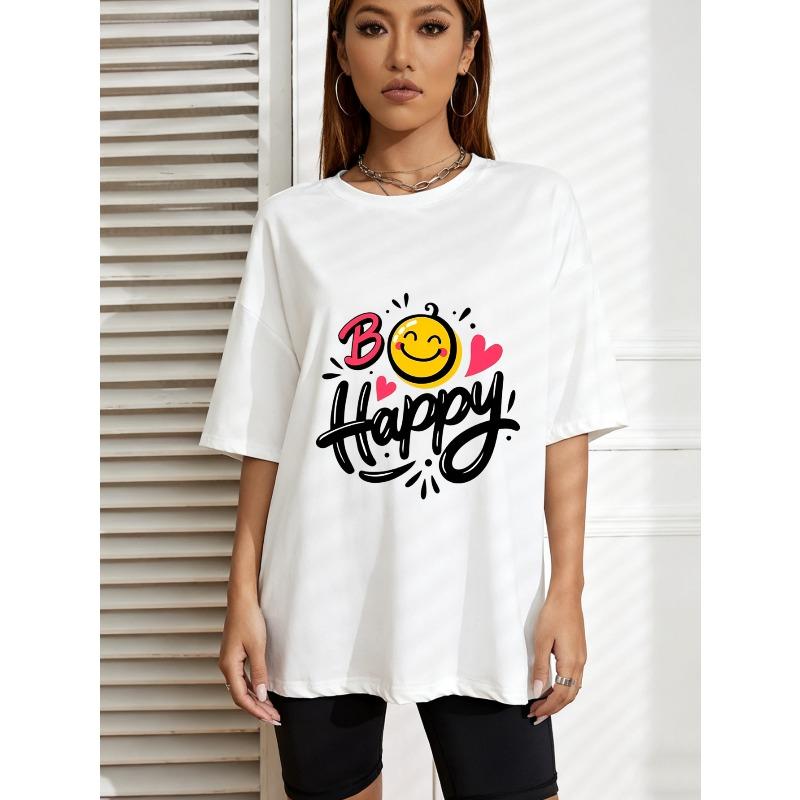 White T Shirt With Be Happy Smile Face And Hearts Print For Casual Wear S
White T Shirt With Be Happy Smile Face And Hearts Print For Casual Wear S