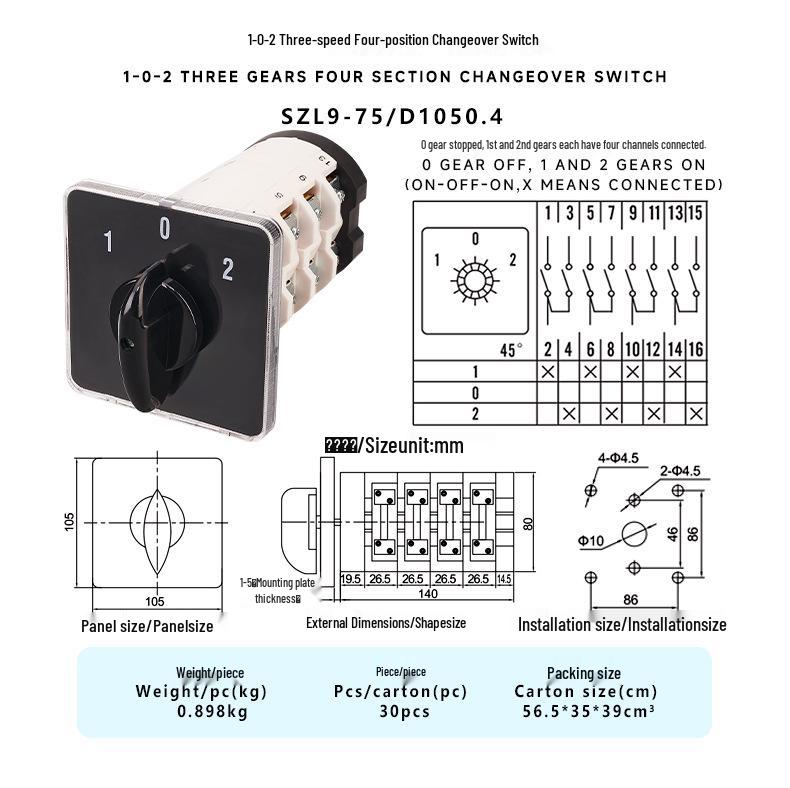 Zhuochao SZL9-75/D1050.4 Universal Changeover Rotary Switch (LW31 GLE9 Equivalent)
Zhuochao SZL9-75/D1050.4 Universal Changeover Rotary Switch (LW31 GLE9 Equivalent)