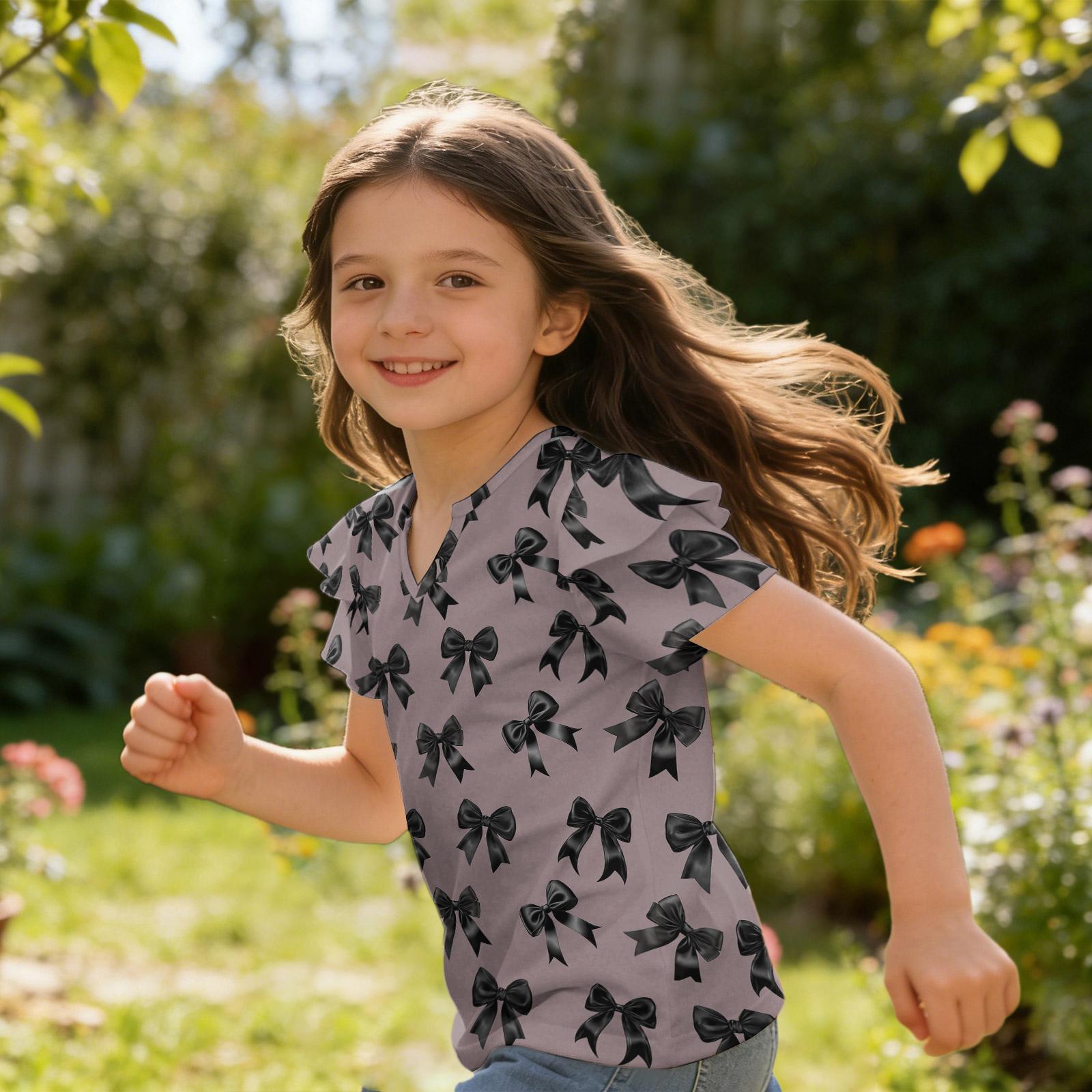 Girls V Neck Short Sleeve T Shirt Casual Blouse with Ruffle Sleeves and Bow Pattern Lightweight Summer Top for Kids 160
Girls V Neck Short Sleeve T Shirt Casual Blouse with Ruffle Sleeves and Bow Pattern Lightweight Summer Top for Kids 160