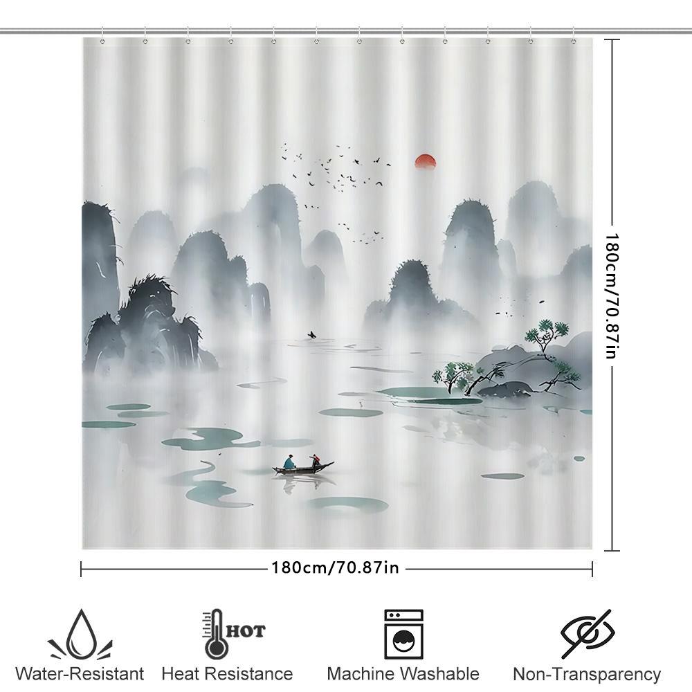 Watercolor Chinese Landscape Shower Curtain With Red Sun Birds Boats Misty Mountains Bathroom Decor Ideal For Adults Kids W60H190(CM)-1 Pcs
Watercolor Chinese Landscape Shower Curtain With Red Sun Birds Boats Misty Mountains Bathroom Decor Ideal For Adults Kids W60H190(CM)-1 Pcs