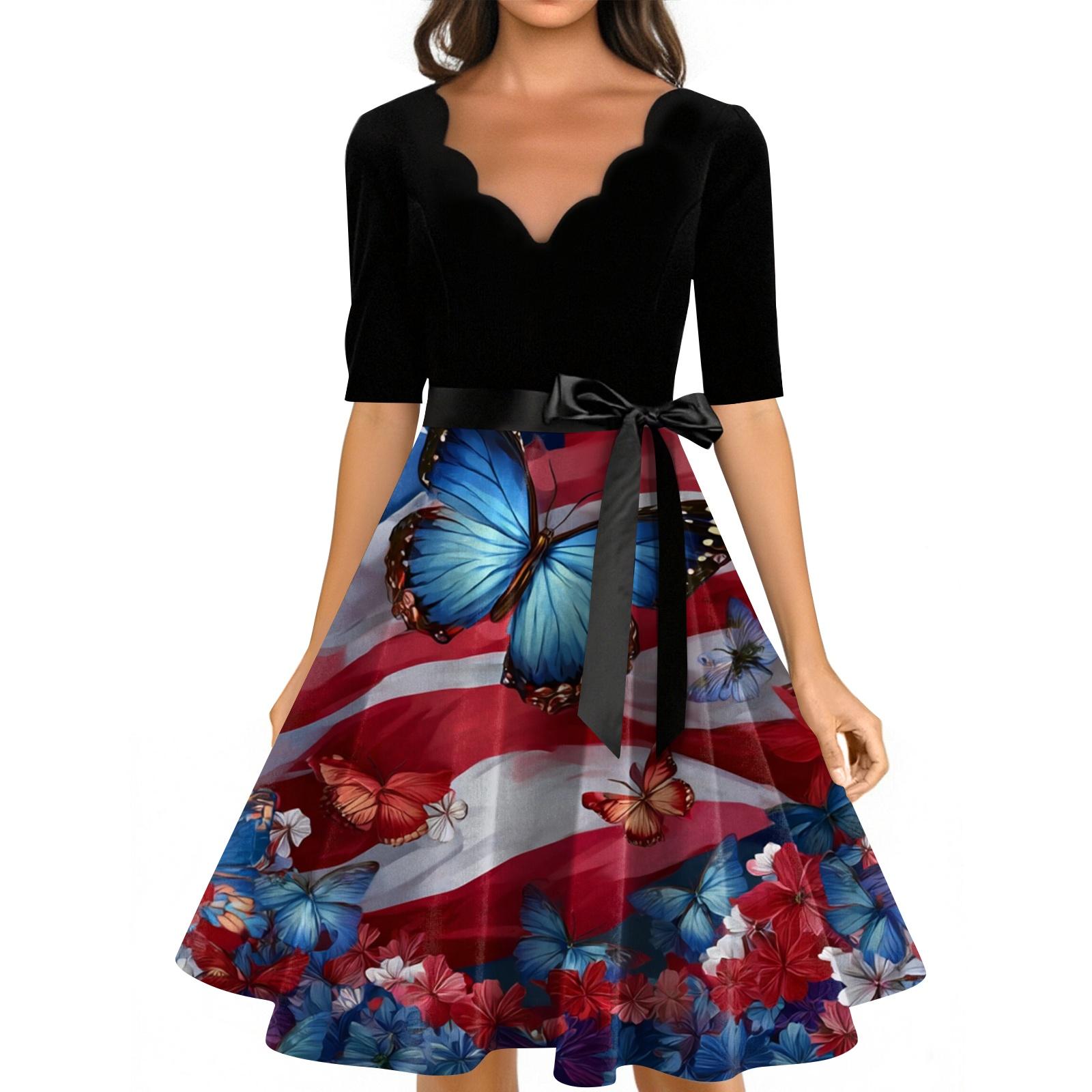 Women s Casual Fashion V-neck Retro Short-sleeved Dress With Flag Independence Day Print S
Women s Casual Fashion V-neck Retro Short-sleeved Dress With Flag Independence Day Print S