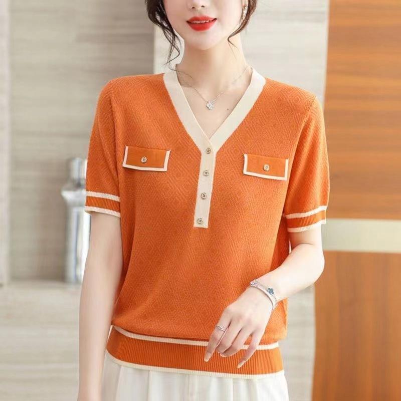Женская летняя мода с V-образным вырезом Tencel Top Clashing Ice Silk Knit Футболка с коротким рукавом One Size оранжевый
Женская летняя мода с V-образным вырезом Tencel Top Clashing Ice Silk Knit Футболка с коротким рукавом One Size оранжевый