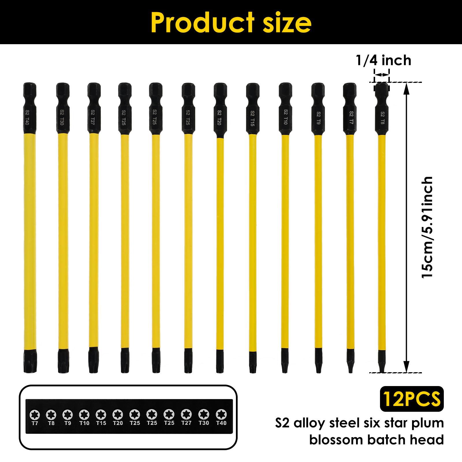 12Pcs Screwdriver Bit Set Magnetic Long Torx Bit Set with 1/4 Inches Hex Shank for Electric and Manual Screwdriver
12Pcs Screwdriver Bit Set Magnetic Long Torx Bit Set with 1/4 Inches Hex Shank for Electric and Manual Screwdriver