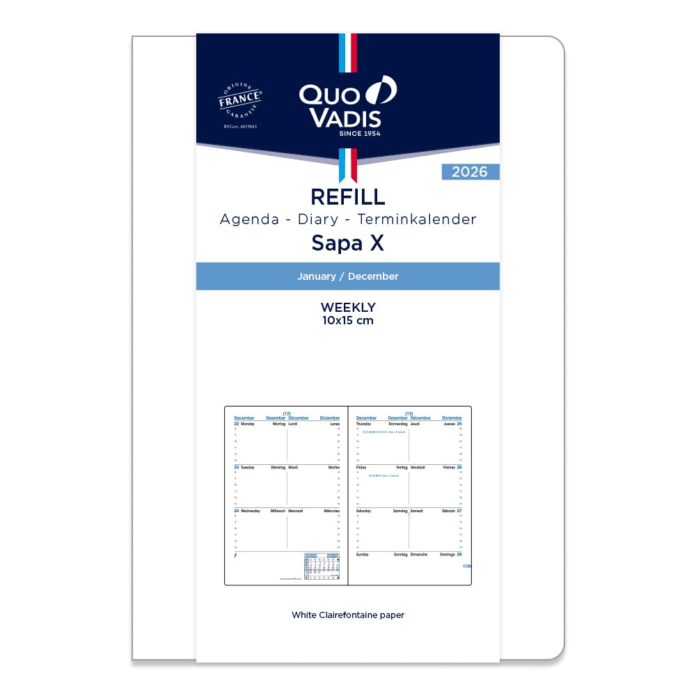 QUOVADIS 2026 Sapux Refill Weekly Separate January Start A6 Hobo 10x15cm 4-Language qv985rech-ml
QUOVADIS 2026 Sapux Refill Weekly Separate January Start A6 Hobo 10x15cm 4-Language qv985rech-ml