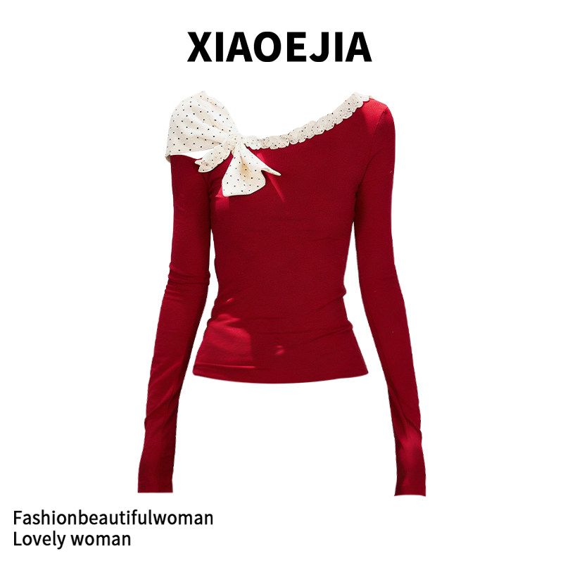 Xiaoejia Patchwork Polka Dot Asymmetrical Shoulder Long-Sleeve T-Shirt Winter Bow Design Red Slim-Fit Base Top Red S
Xiaoejia Patchwork Polka Dot Asymmetrical Shoulder Long-Sleeve T-Shirt Winter Bow Design Red Slim-Fit Base Top Red S