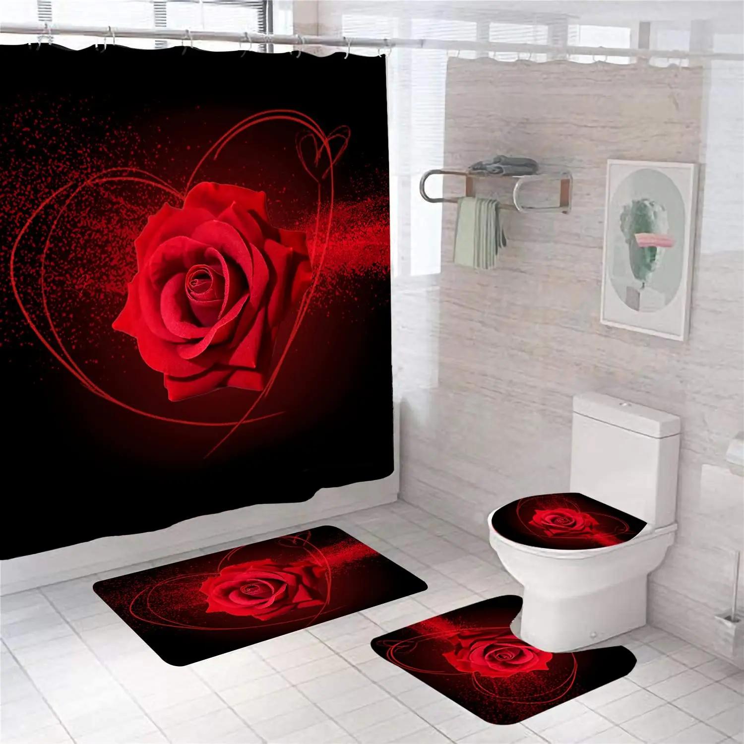 Red Rose Flowers Bathroom Curtains Black Fabric Shower Curtain Set Bath Mats Rugs Toilet Lid Cover Anti-Skid Carpet Home Decor W60H190(CM)-1 Pcs
Red Rose Flowers Bathroom Curtains Black Fabric Shower Curtain Set Bath Mats Rugs Toilet Lid Cover Anti-Skid Carpet Home Decor W60H190(CM)-1 Pcs