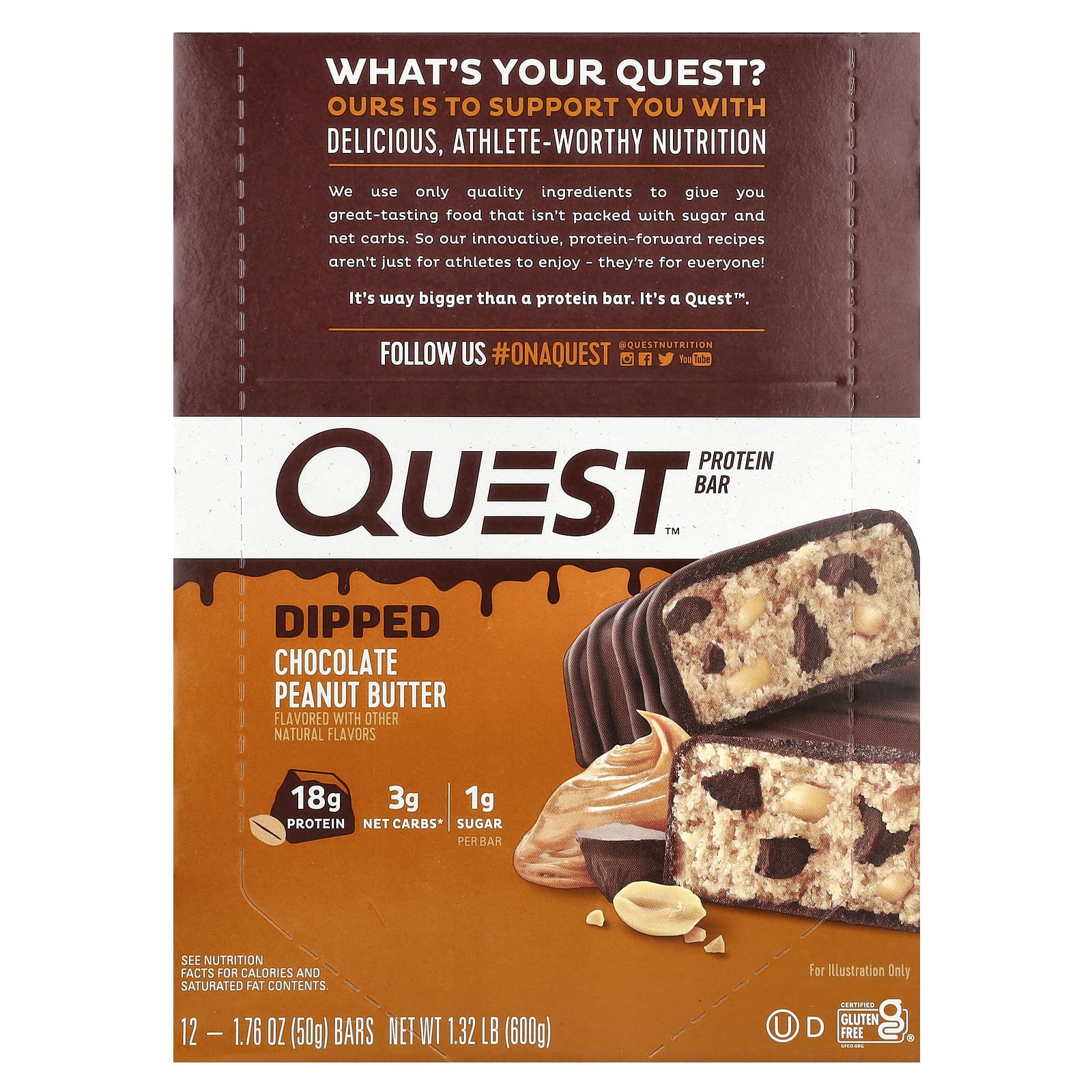 Quest Nutrition, Protein Bar, Deep Chocolate Peanut Butter, 12 Bars, 1.76 oz (50 g) Each
Quest Nutrition, Protein Bar, Deep Chocolate Peanut Butter, 12 Bars, 1.76 oz (50 g) Each