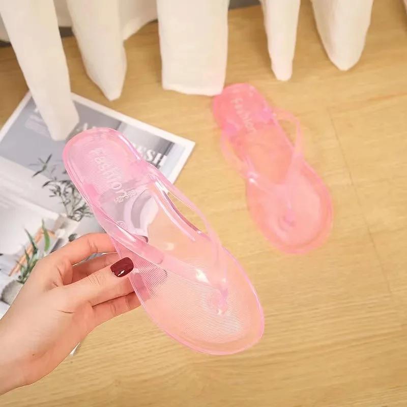 Пляжные шлепанцы женские сандалии-вьетнамки летние желеобразные туфли для девочек прозрачные шлепанцы однотонные модные ПВХ плоские нескользящие тапочки 41 розовый