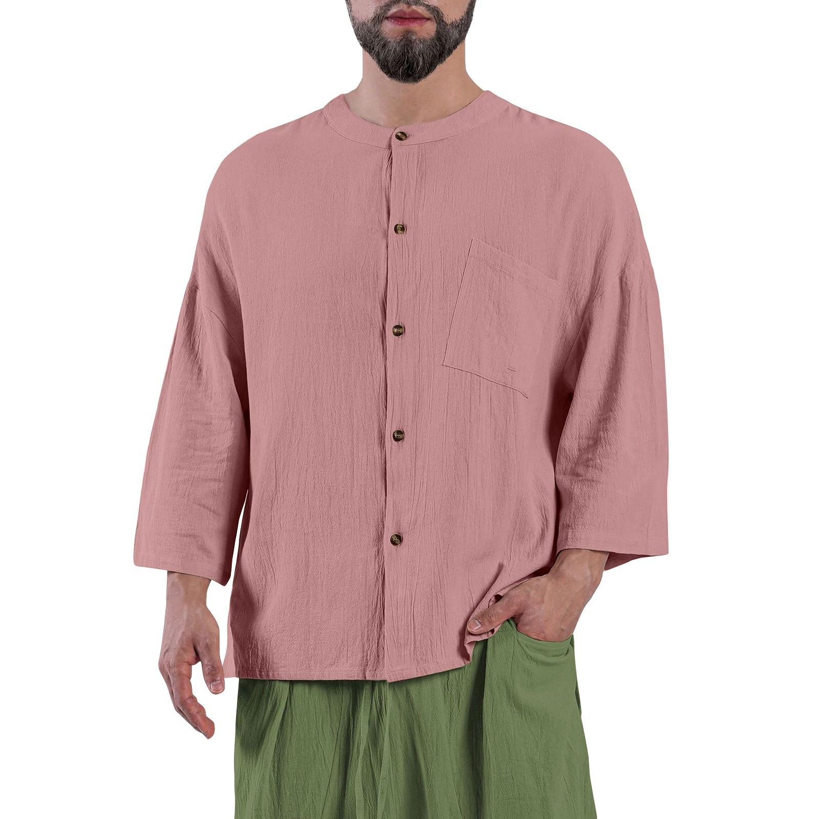 Мужская однотонная рубашка без воротника с карманами из хлопка и льна на пуговицах три четверти L розовый
Мужская однотонная рубашка без воротника с карманами из хлопка и льна на пуговицах три четверти L розовый
