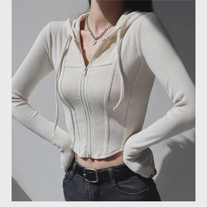 Женская шикарная осенняя толстовка с капюшоном: Укороченная куртка Sweet & Spicy с длинными рукавами асимметричного кроя Large бежевый