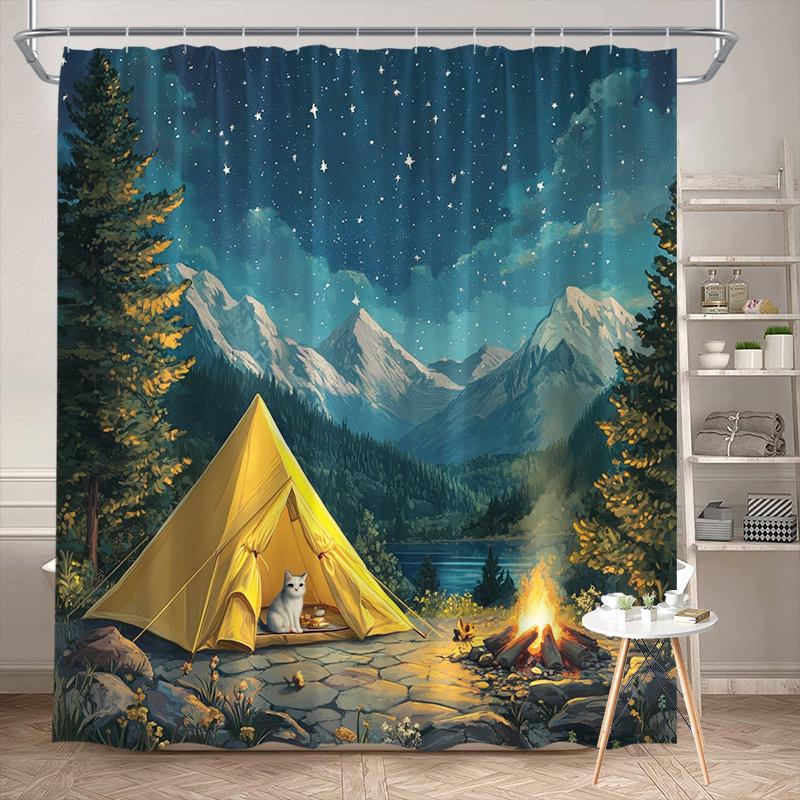 Serene Nighttime Campsite Shower Curtain - White Cat, Yellow Tent & Starry Sky, Tranquil Lake & Mountains, 12 Hooks, Polyester W60H190(CM)-1 Pcs
Serene Nighttime Campsite Shower Curtain - White Cat, Yellow Tent & Starry Sky, Tranquil Lake & Mountains, 12 Hooks, Polyester W60H190(CM)-1 Pcs