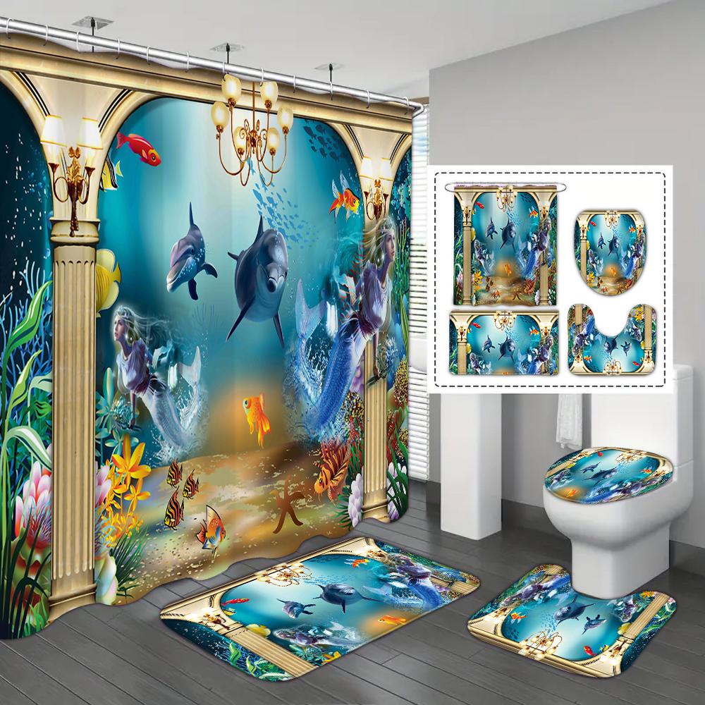 4-piece set of shiny dolphin waterproof printed shower curtains with 12 hooks and bathroom floor mats 180*180cm
4-piece set of shiny dolphin waterproof printed shower curtains with 12 hooks and bathroom floor mats 180*180cm