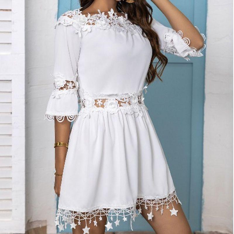 Sweet Fashion European and American Style Small Summer Rose Rose Flower Patchwork Hollow Tassel Dress Female Dress White S
Sweet Fashion European and American Style Small Summer Rose Rose Flower Patchwork Hollow Tassel Dress Female Dress White S