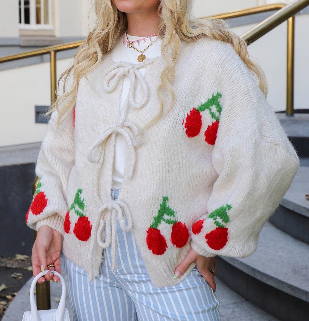 Cherry Jacquard Knitted Sweaters Cardigan Women Fashion Cute Style Loose Leace-up Long Sleeve Knitting Coat Female Autumn Winter XL білий
Cherry Jacquard Knitted Sweaters Cardigan Women Fashion Cute Style Loose Leace-up Long Sleeve Knitting Coat Female Autumn Winter XL білий