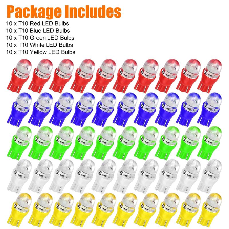 50PCS T10 LED Car Light Bulbs - 5-Color Dashboard & Dome Light Replacement Kit
50PCS T10 LED Car Light Bulbs - 5-Color Dashboard & Dome Light Replacement Kit