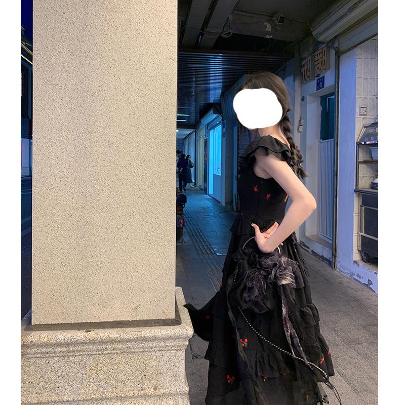 Красное цветочное вышивка с закрытой талией, большое свободное платье, женская летняя винтажная юбка со вкусом портвейна XL