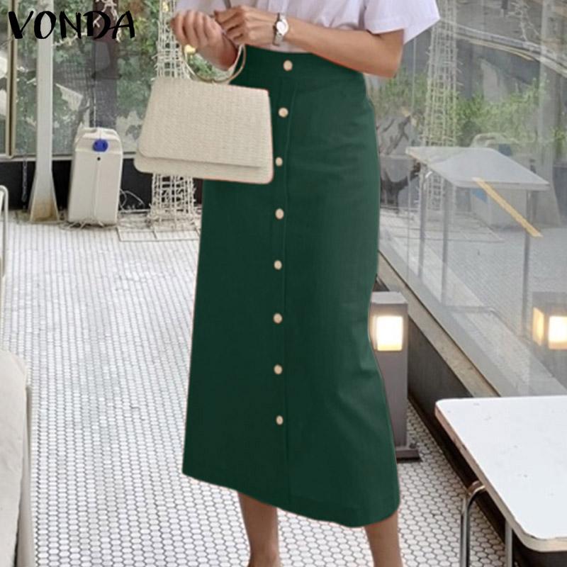 VONDA Весенние Женские Прямые Однотонные Пуговицы Длинные Юбки