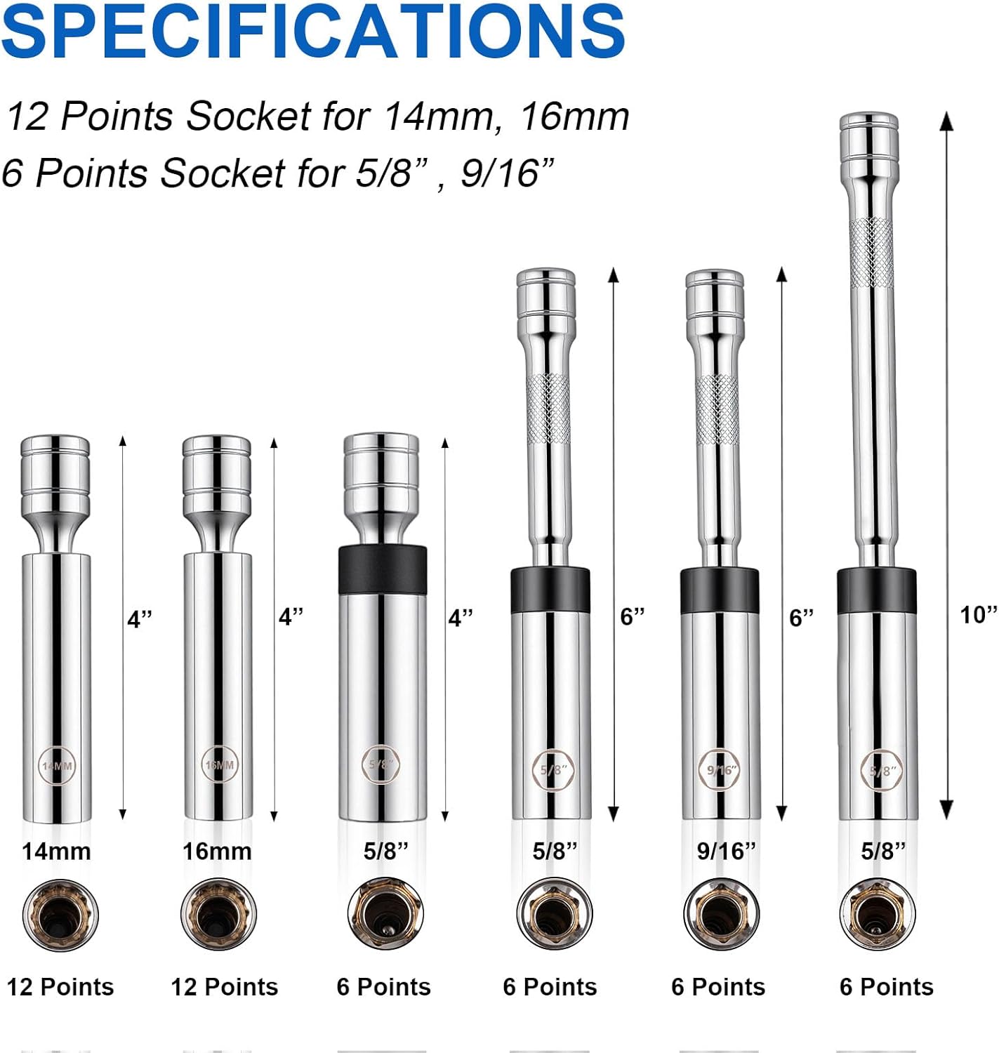 6pcs 3/8 Magnetic Spark Plug Socket Set with 9/16 , 5/8 , 14mm, 16mm Sockets & 4 , 6 , 10 Extensions United States
6pcs 3/8 Magnetic Spark Plug Socket Set with 9/16 , 5/8 , 14mm, 16mm Sockets & 4 , 6 , 10 Extensions United States