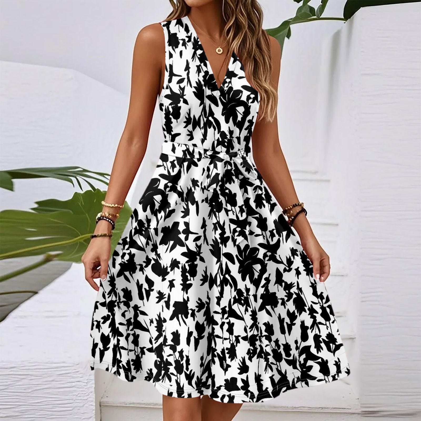 Женское весенне-летнее повседневное платье миди с V-образным вырезом без рукавов и цветочным принтом на талии XXL чёрный