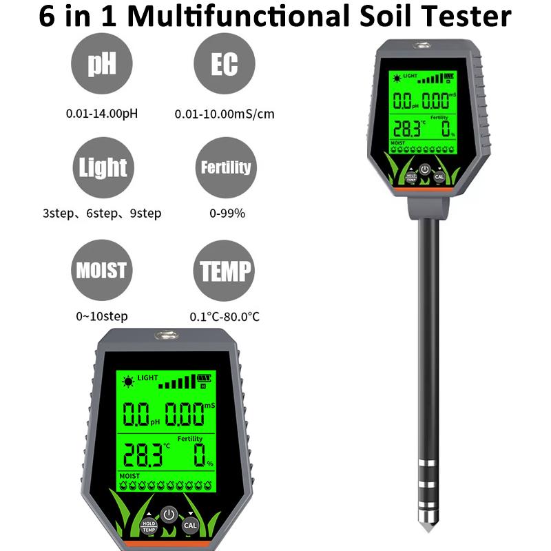 6 IN 1 Multifunction Soil Meter Digital PH Tester EC/Light/Moisture/Fertility/Temp Tester Gardening Soli Analyzer for Plants
6 IN 1 Multifunction Soil Meter Digital PH Tester EC/Light/Moisture/Fertility/Temp Tester Gardening Soli Analyzer for Plants