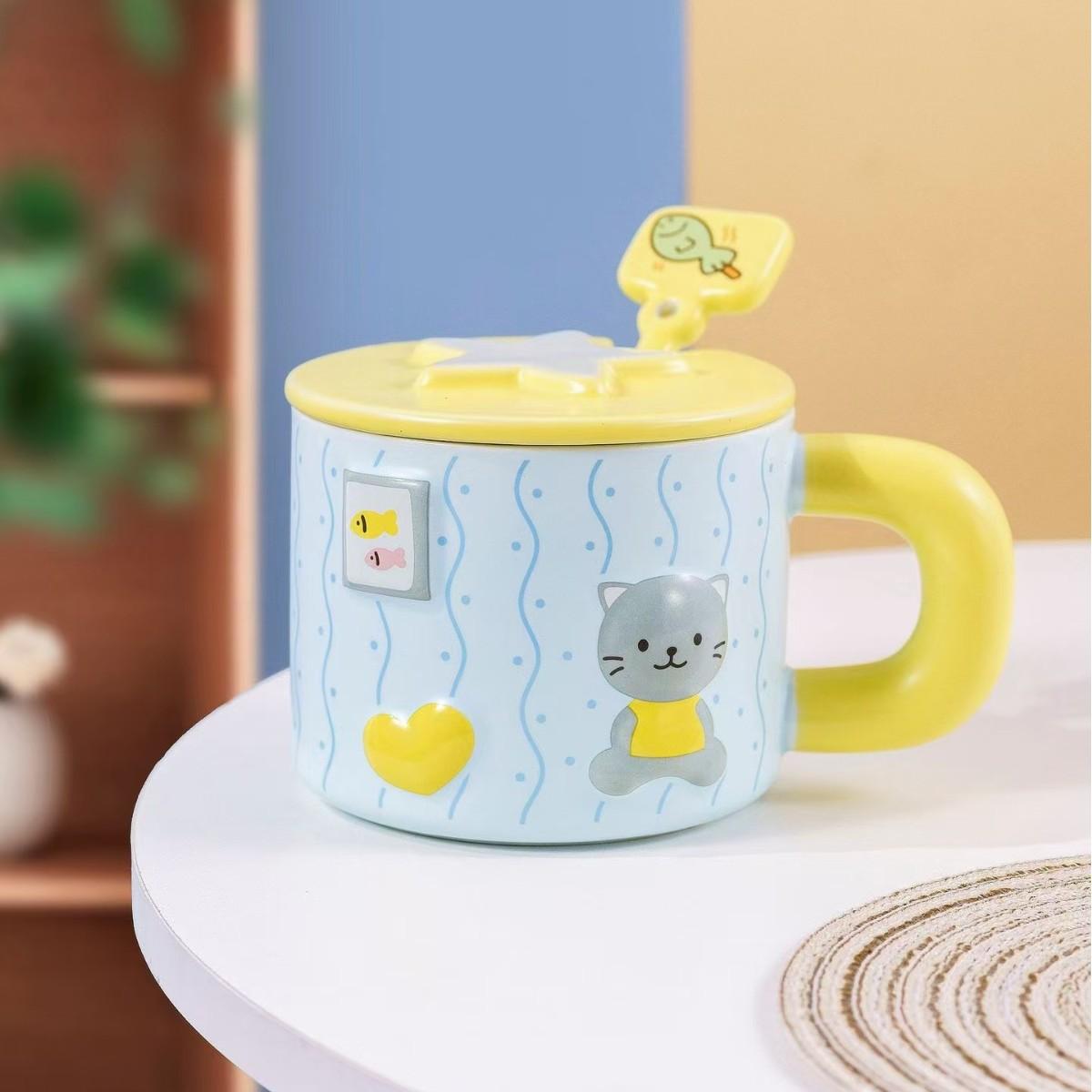 Милая детская домашняя кружка, высокоценная мультяшная керамическая чашка, чашка для молока и завтрака с крышкой и ложкой, кофейная чашка, сувенирная подарочная коробка 450m l