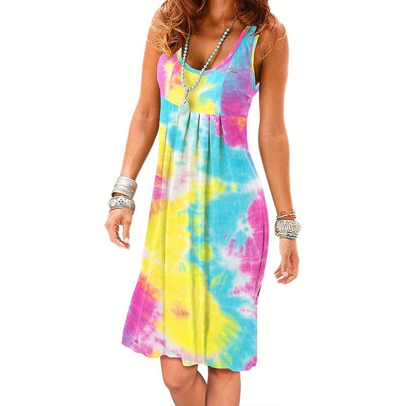 Женское летнее цельное платье без рукавов с U-образным воротником, праздничное пляжное сплошное цветное платье XL разноцветный