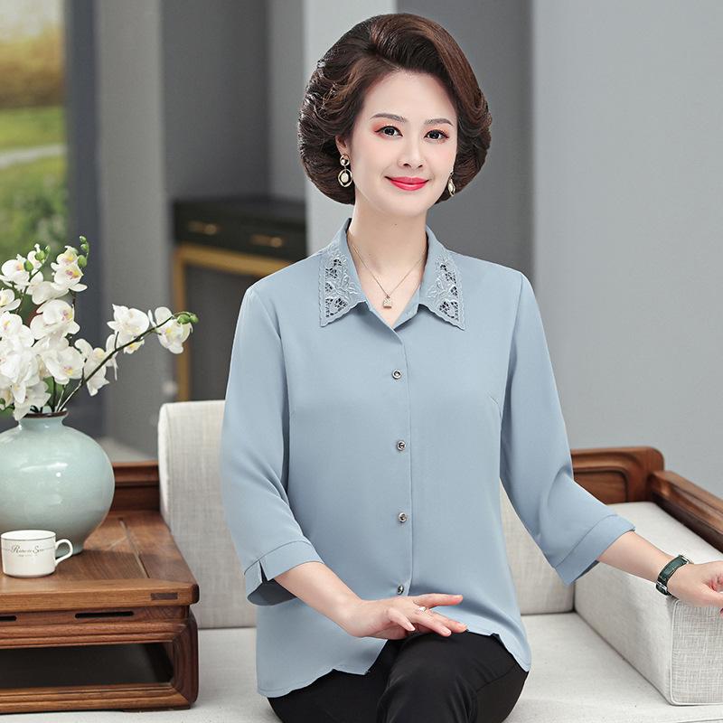 Summer Mulberry Silk Seven-Sleeve Shirt for Middle-Aged and Elderly Women - Plus Size, Loose Fit 2XL (Recommended 110-120 jin) синій
Summer Mulberry Silk Seven-Sleeve Shirt for Middle-Aged and Elderly Women - Plus Size, Loose Fit 2XL (Recommended 110-120 jin) синій