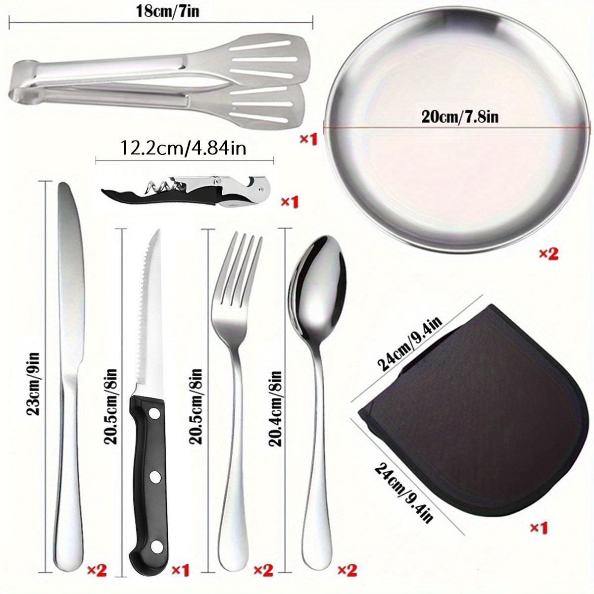 Stainless Steel Outdoor Cutlery Set with BBQ Plate, Tongs, Camping Knife, Fork, Spoon, and Portable Storage Bag
Stainless Steel Outdoor Cutlery Set with BBQ Plate, Tongs, Camping Knife, Fork, Spoon, and Portable Storage Bag