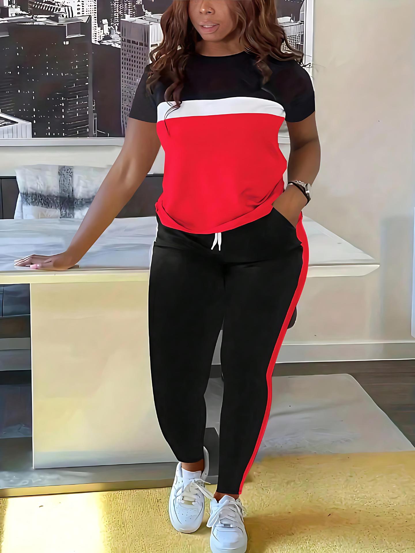 Женская футболка с коротким рукавом в черно-розовой цветовой блок расцветке и комплект черных брюк с боковой полосой XXL красный
Женская футболка с коротким рукавом в черно-розовой цветовой блок расцветке и комплект черных брюк с боковой полосой XXL красный