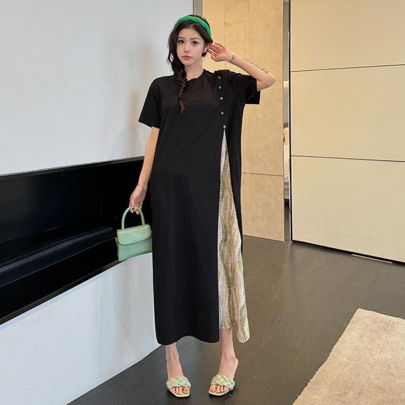 Летнее женское платье Свободные платья больших размеров в национальном стиле с короткими рукавами на пуговицах в этническом стиле 3XL чёрный