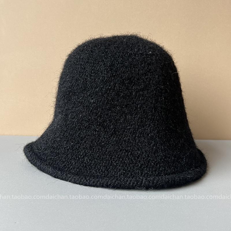Женская осенне-зимняя новая панама рыбака из смешанной пряжи с кроличьим плюшем, подчеркивающая маленькое лицо, теплая и ветрозащитная вязаная шапка Adult (56-58cm) чёрный