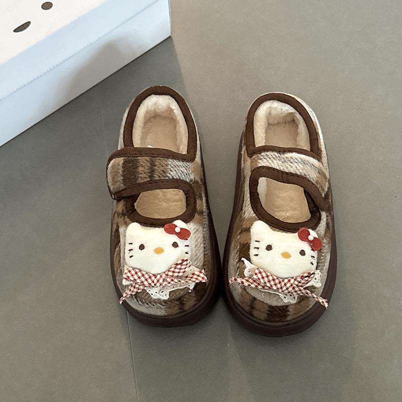 Игривые туфли-липучки в стиле ретро, милые мультяшные клетчатые хлопковые туфли Hello Kitty, осенне-зимняя модная обувь для девочек, пушистые туфли 40-41