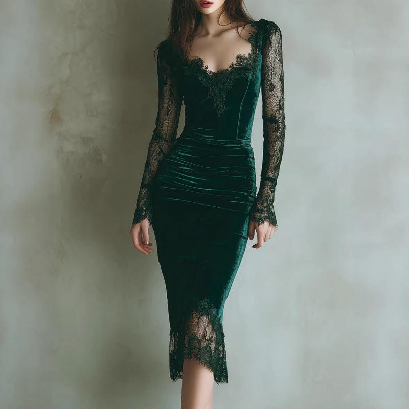 French romantic celebrity temperament outer single gold velvet strand lace waist hip dress autumn style XXL зелений
French romantic celebrity temperament outer single gold velvet strand lace waist hip dress autumn style XXL зелений