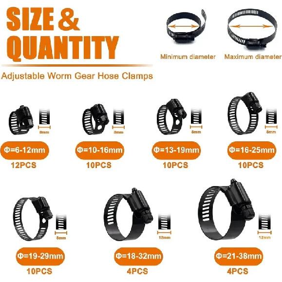 60pcs Stainless Steel Worm Gear Hose Clamps Adjustable 6-38mm Range Assortment Kit for Plumbing Automotive Mechanical Tools
60pcs Stainless Steel Worm Gear Hose Clamps Adjustable 6-38mm Range Assortment Kit for Plumbing Automotive Mechanical Tools