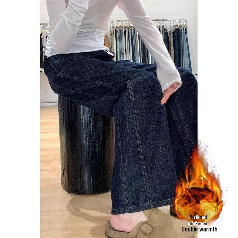 Джинсы большого размера темно-синие с флисовой подкладкой с высокой посадкой для женщин - Осень/Зима, Свободного кроя, Стройнящие, Прямые широкие штанины, Идеальны для фигуры типа «груша». M