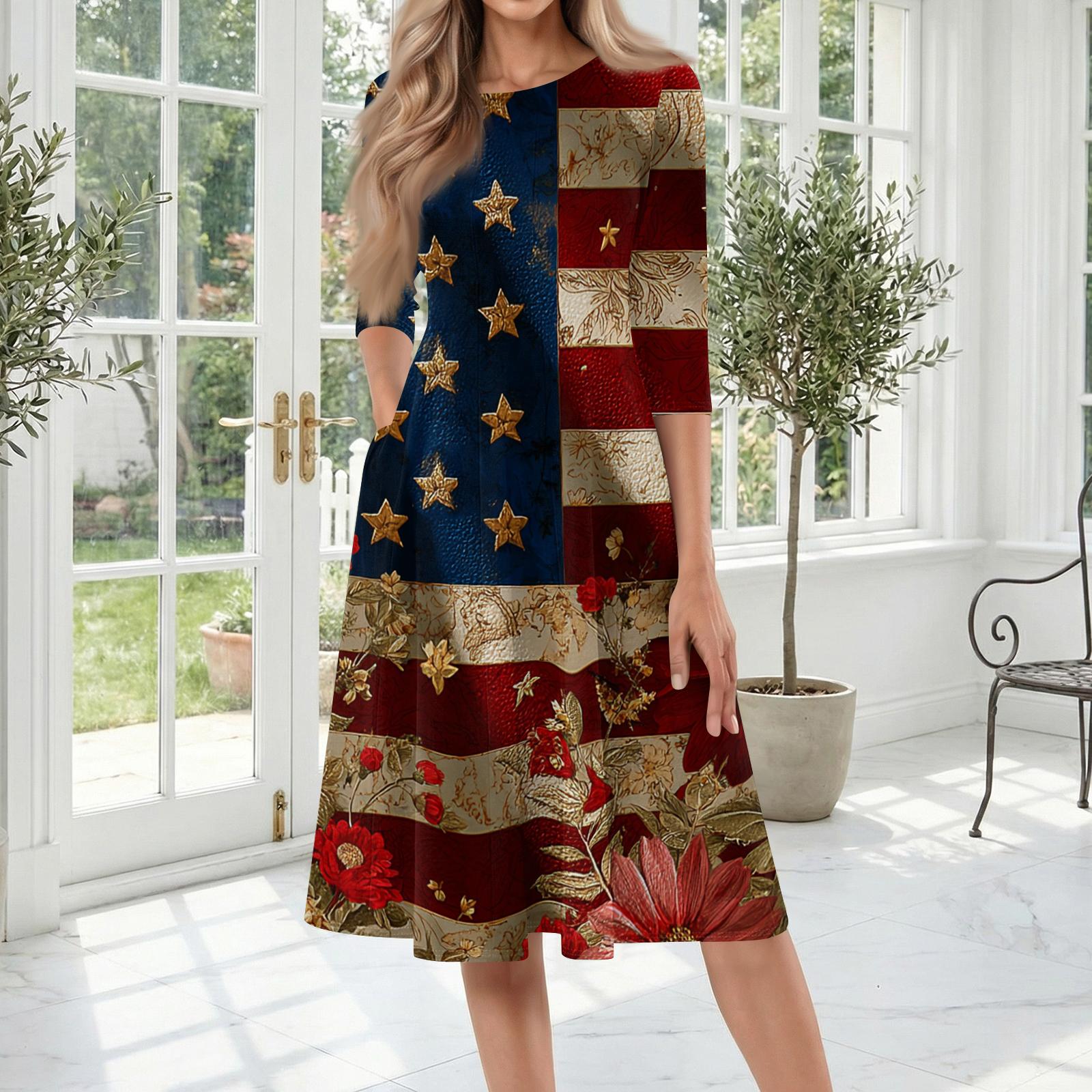 Casual Mid-Length Dress with Round Neck Three-Quarter Sleeves Independent Day Star Pattern Comfortable Fit S
Casual Mid-Length Dress with Round Neck Three-Quarter Sleeves Independent Day Star Pattern Comfortable Fit S