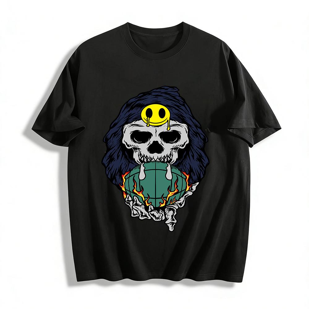 Dark Style Skull Smiley Holding Ball Print Trendy Casual T-shirt Pure cotton T-shirt 6XL
Dark Style Skull Smiley Holding Ball Print Trendy Casual T-shirt Pure cotton T-shirt 6XL