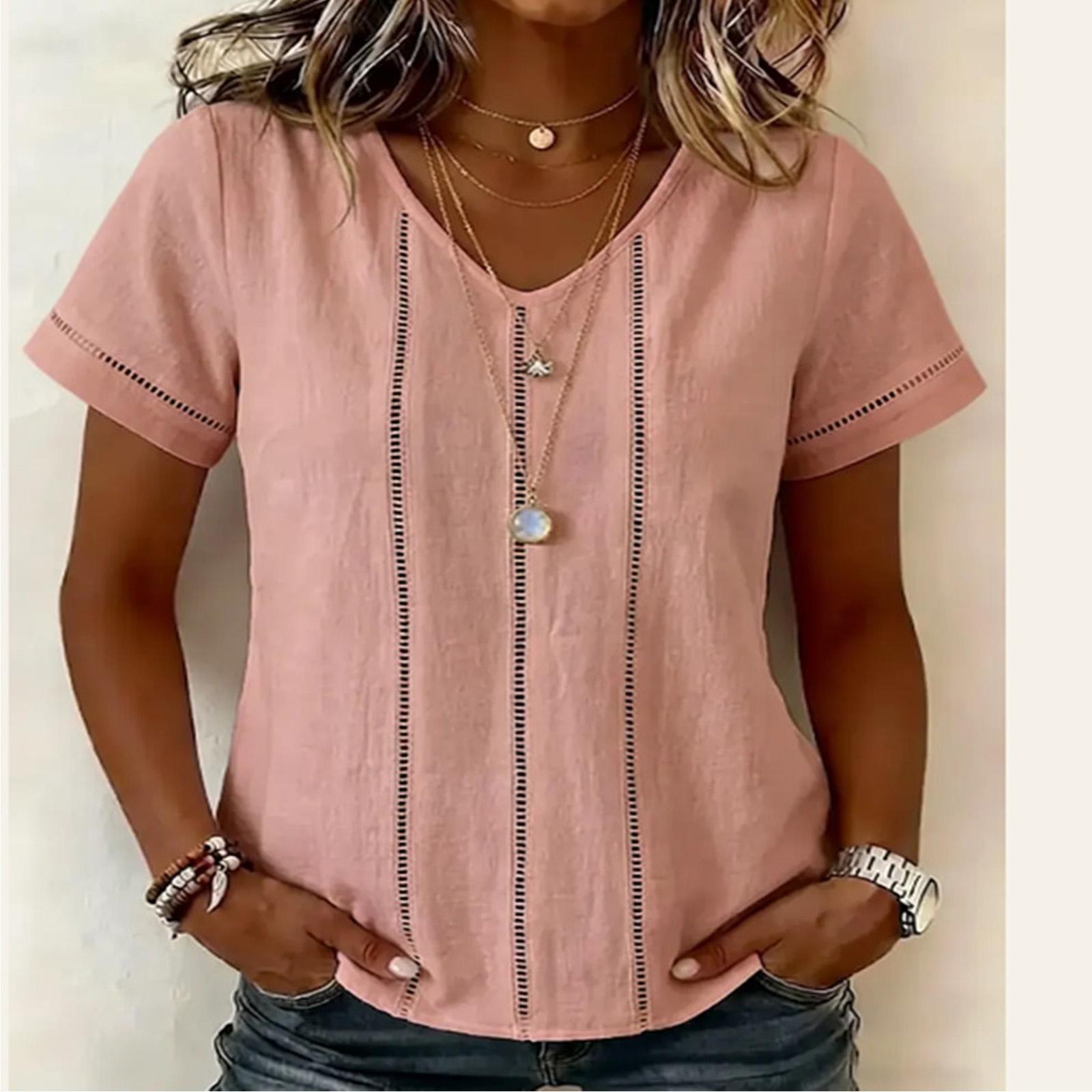Women V Neck Short Sleeve Blouse Lace Trim Patchwork Cotton Linen Shirt Casual Summer Top Lightweight Breathable Fabric M рожевий
Women V Neck Short Sleeve Blouse Lace Trim Patchwork Cotton Linen Shirt Casual Summer Top Lightweight Breathable Fabric M рожевий